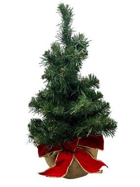 Artificial Christmas Tree mini With Red Bow & Burlap Base 18" green brown READ